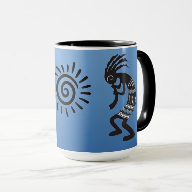 Kokopelli With Native American Sun Symbol Mug (Front Right)