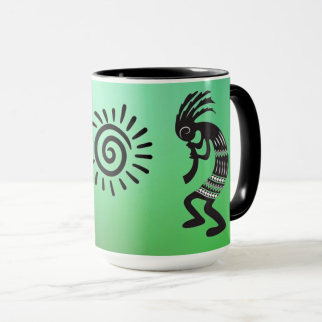 Kokopelli With Native American Sun Symbol Mug (Front Right)