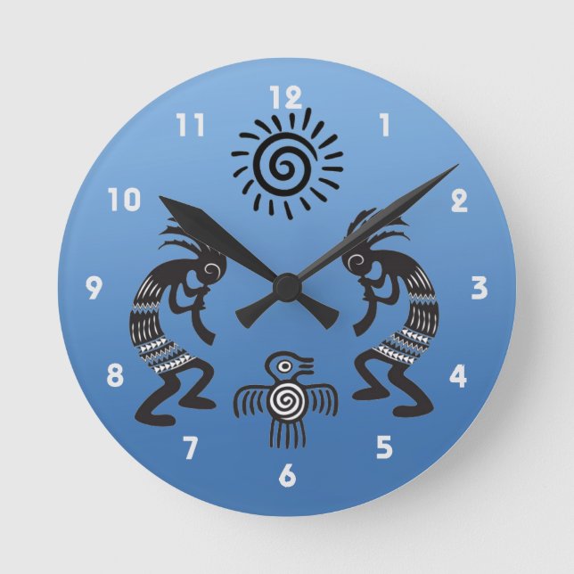 Kokopelli With Native Sun and Native Bird Symbol Round Clock (Front)