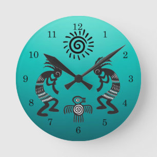 Kokopelli With Native Sun and Native Bird Symbol Round Clock