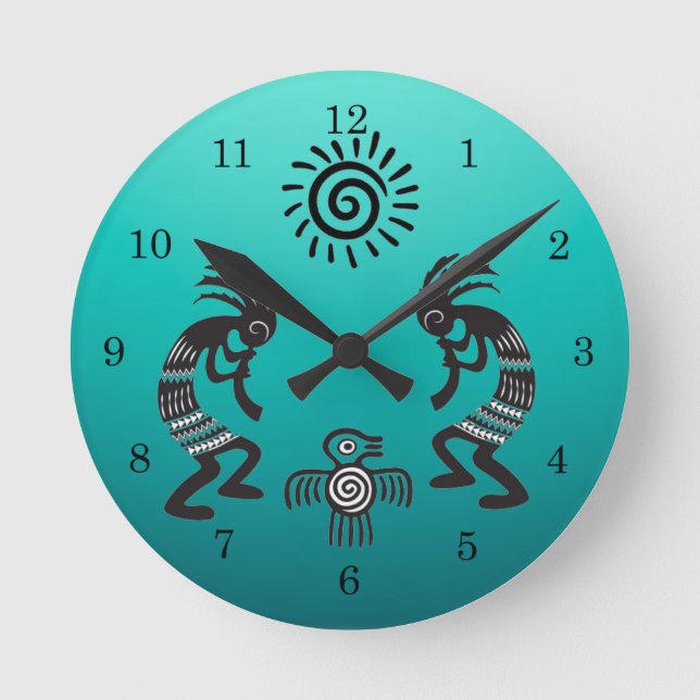 Kokopelli With Native Sun and Native Bird Symbol Round Clock (Front)