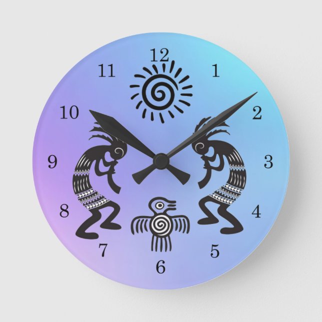 Kokopelli With Native Sun and Native Bird Symbol Round Clock (Front)