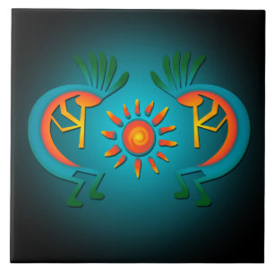 Kokopelli  with Sun Teal Design 6" Tile