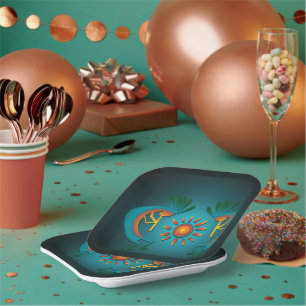 Kokopelli with Sun Teal Design 7" Sq Paper Plates