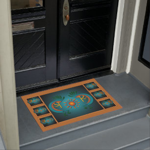 Kokopelli with Sun Teal Design  Doormat