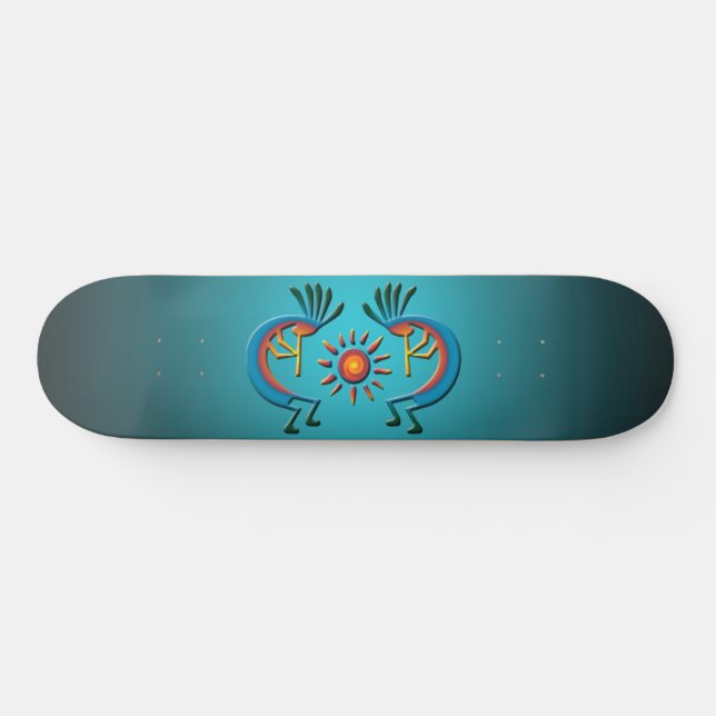 Kokopelli with Sun Teal Ombre Skateboard (Horz)