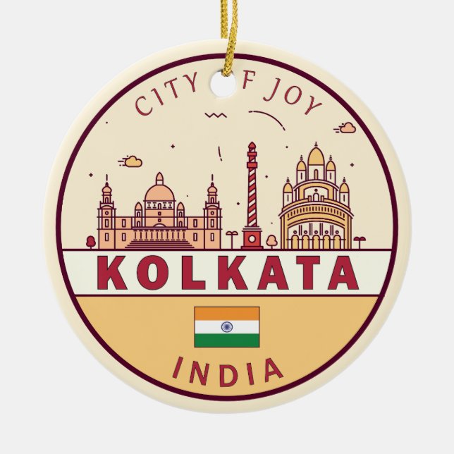 Kolkata India City Skyline Emblem Ceramic Tree Decoration (Front)