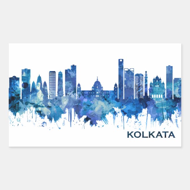 Kolkata West Bengal Skyline Blue Rectangular Sticker (Front)