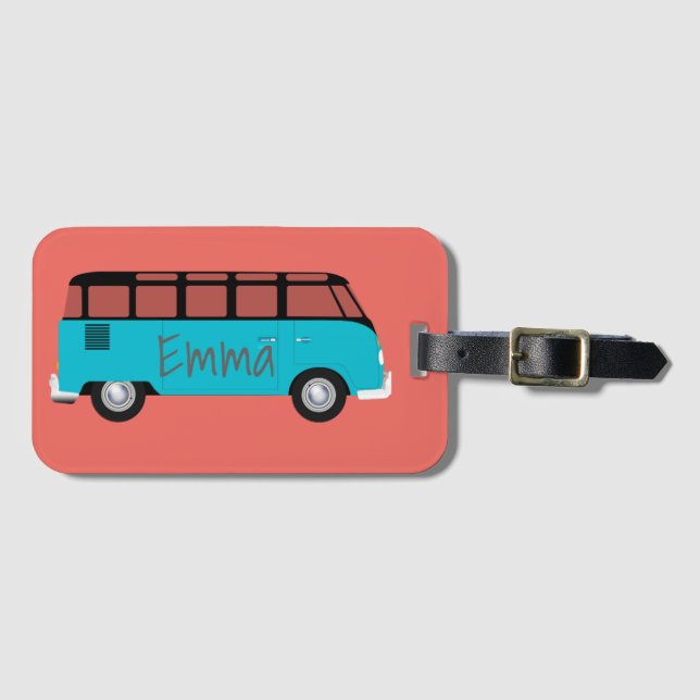 Kombi Van in blue and orange with name Luggage Tag (Front Horizontal)