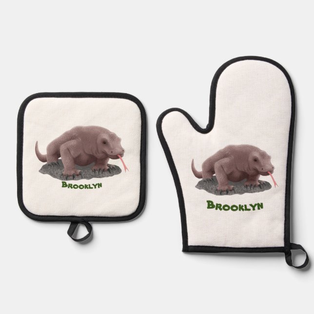 Komodo dragon illustration oven mitt & pot holder set (Front)
