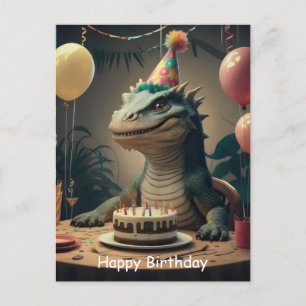Komodo Dragon sitting at table with birthday cake Postcard