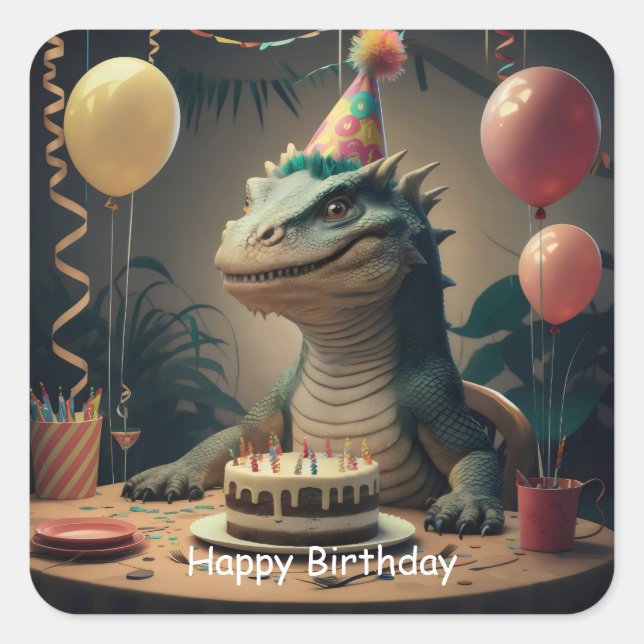 Komodo Dragon sitting at table with birthday cake Square Sticker (Front)
