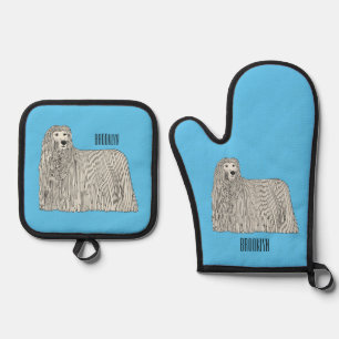 Komondor dog cartoon illustration oven mitt & pot holder set