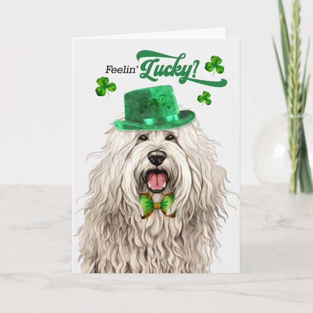 Komondor Dog Feelin' Lucky St Patrick's Day Holiday Card (Front)