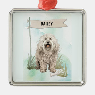 Komondor Watercolor Personalised Dog Metal Tree Decoration