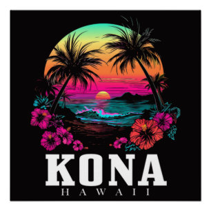 Kona Hawaii Hawaiian Hibiscus Flowers Surfer Poster