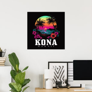 Kona Hawaii Hawaiian Hibiscus Flowers Surfer Poster