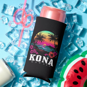 Kona Hawaii Hawaiian Hibiscus Flowers Surfer Seltzer Can Cooler