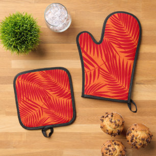 Kona Palms Hawaiian Tropical Leaf Red and Orange Oven Mitt & Pot Holder Set