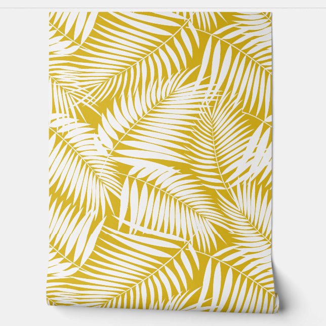 Kona Palms Hawaiian Tropical Leaf - Sulphur Gold Wallpaper (Unrolling)