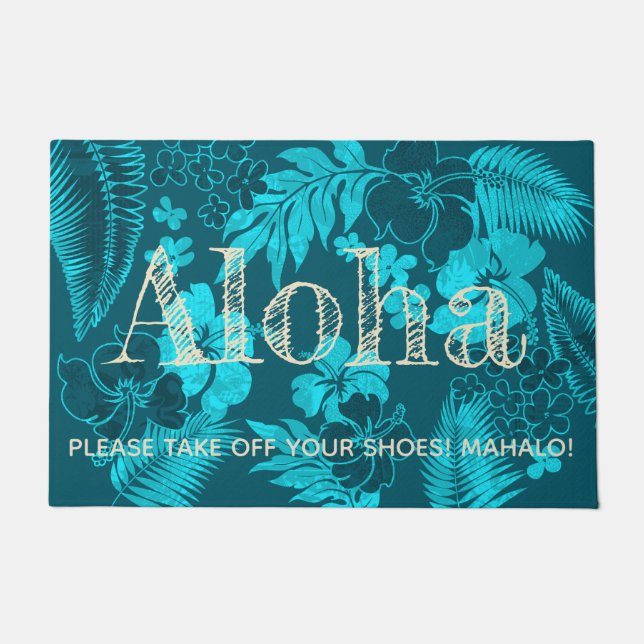 Kona Times Hibiscus Hawaiian Aloha Teal Doormat (Front)
