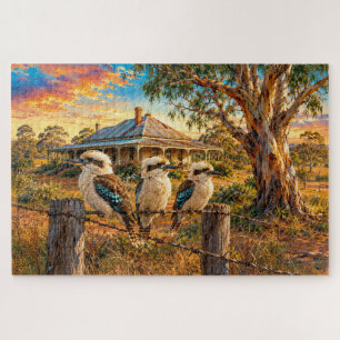 Kookaburras at Sunset on Barbed Wire Fence Jigsaw Puzzle