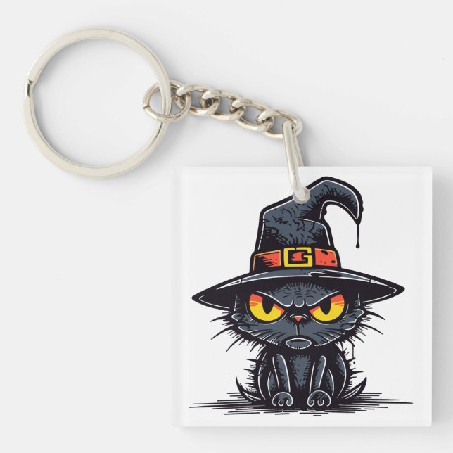 Kooky Halloween Icon: Black Cat's Bold Caricature  Key Ring (Front)