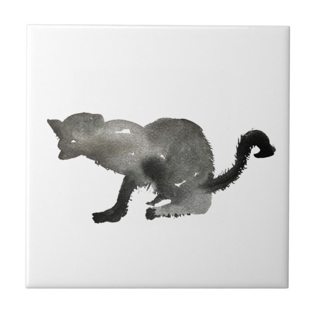 Kool black watercolor kitty cat tile (Front)