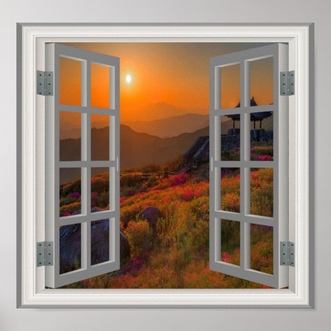 Korean Autumn Sunset Buddhist Temple Faux Window Poster (Front)