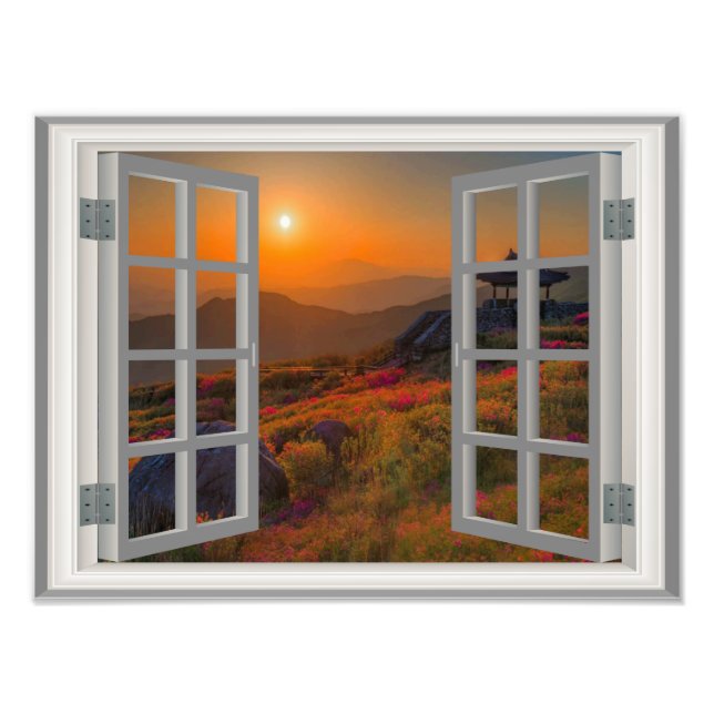 Korean Autumn Sunset Temple Faux Window View Photo Print (Front)