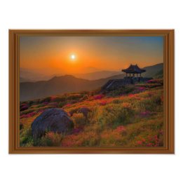 Korean Autumn Sunset Temple Wood Frame Photo Print