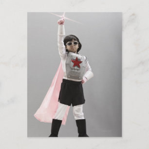 Korean girl in superhero costume with arm raised postcard