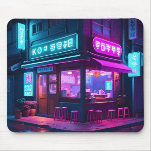 Korean Neon Coffee House LoFi Art  Mouse Mat