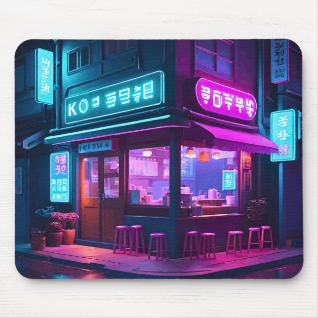 Korean Neon Coffee House LoFi Art  Mouse Mat (Front)