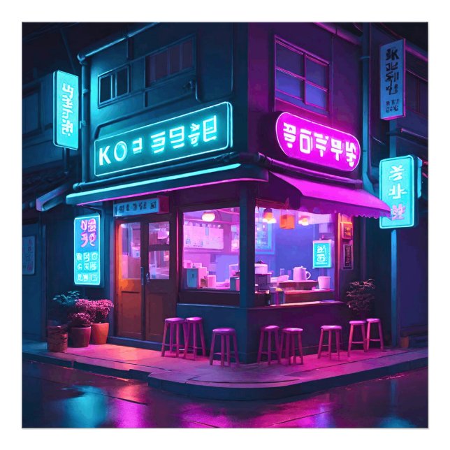 Korean Neon Coffee House LoFi Art  Photo Print (Front)