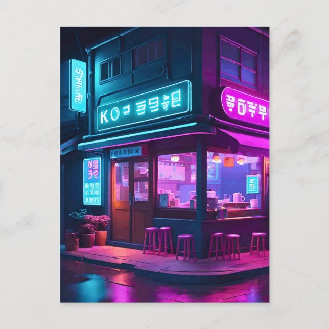 Korean Neon Coffee House LoFi Art  Postcard (Front)