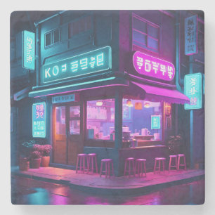 Korean Neon Coffee House LoFi Art Stone Coaster