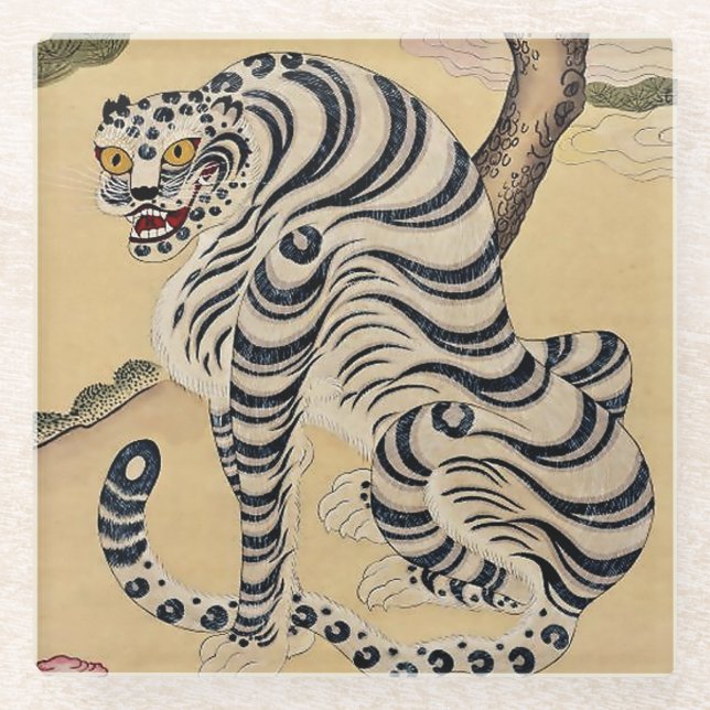 Korean Striped Tiger Minhwa Glass Coaster (Front)