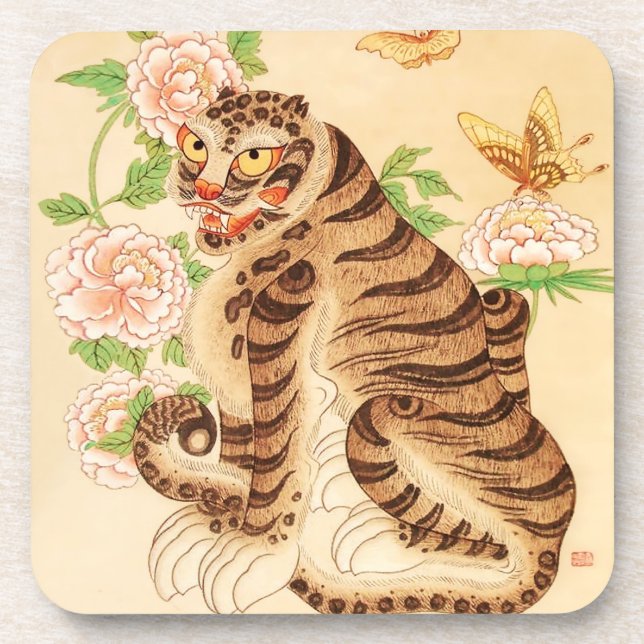 Korean Striped Tiger Vintage Minhwa  Coaster (Front)