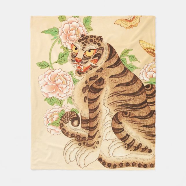 Korean Striped Tiger Vintage Minhwa  Fleece Blanket (Front)