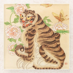 Korean Striped Tiger Vintage Minhwa  Glass Coaster