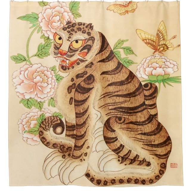 Korean Striped Tiger Vintage Minhwa  Shower Curtain (Front)
