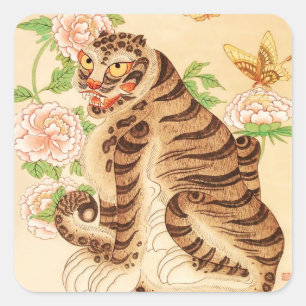 Korean Striped Tiger Vintage Minhwa Square Sticker