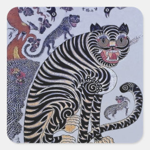 Korean Tiger Minhwa with Three Cubs Square Sticker