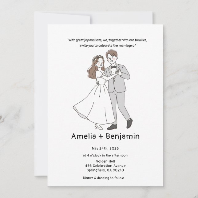 koren style Hand Drawn Wedding Couple | Wedding  Invitation (Front)