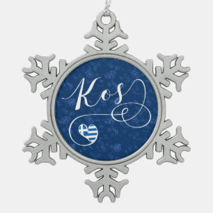 Kos Heart In Flag, Greece, I Love Kos Snowflake Pewter Christmas Ornament
