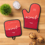 Kosher Kitchen Script Meat with Hebrew Red Oven Mitt & Pot Holder Set<br><div class="desc">Elegant, Modern, Clean lines. Perfect for Kitchen, Dorm Room, or Office. Designs to make keeping Kosher simple & beautiful. Classy & practical. Great for gifting or for yourself! If you would like to see a variation on these designs- email: BestDresseBread@gmail.com For more great gift ideas check out our Zazzle store...</div>