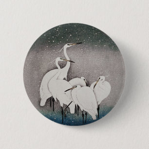 Koson Egrets in the Snow: Vintage Japanese 6 Cm Round Badge