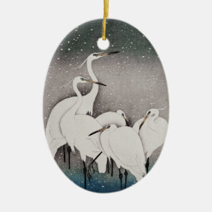 Koson Egrets in the Snow: Vintage Japanese Ceramic Tree Decoration