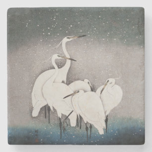 Koson Egrets in the Snow: Vintage Japanese Stone Coaster